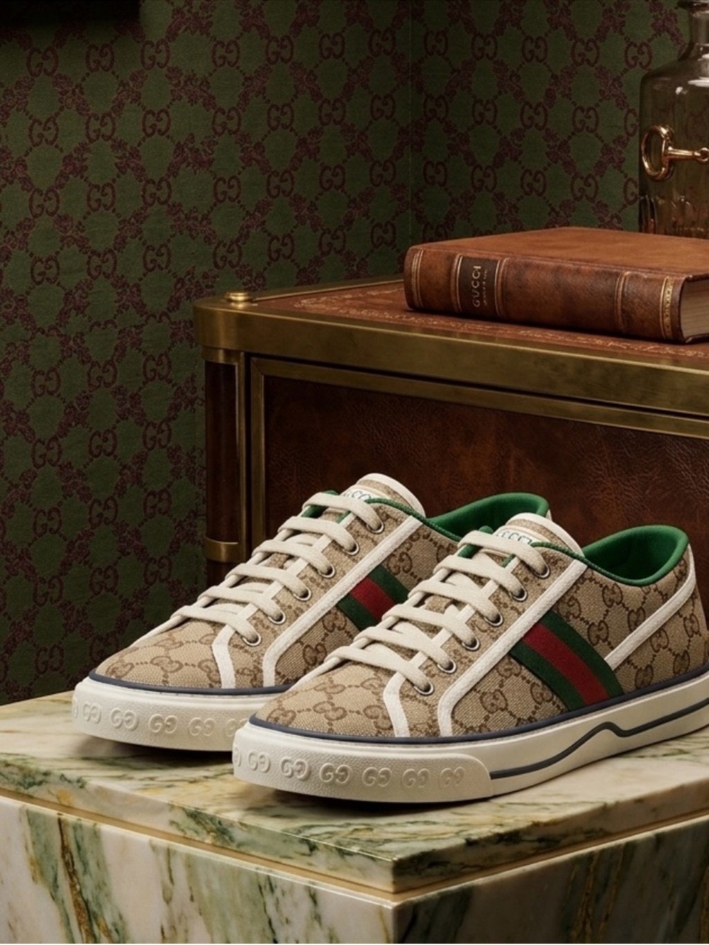 Gucci Beige GG Canvas Sneakers with Green and Red stripe red bottoms